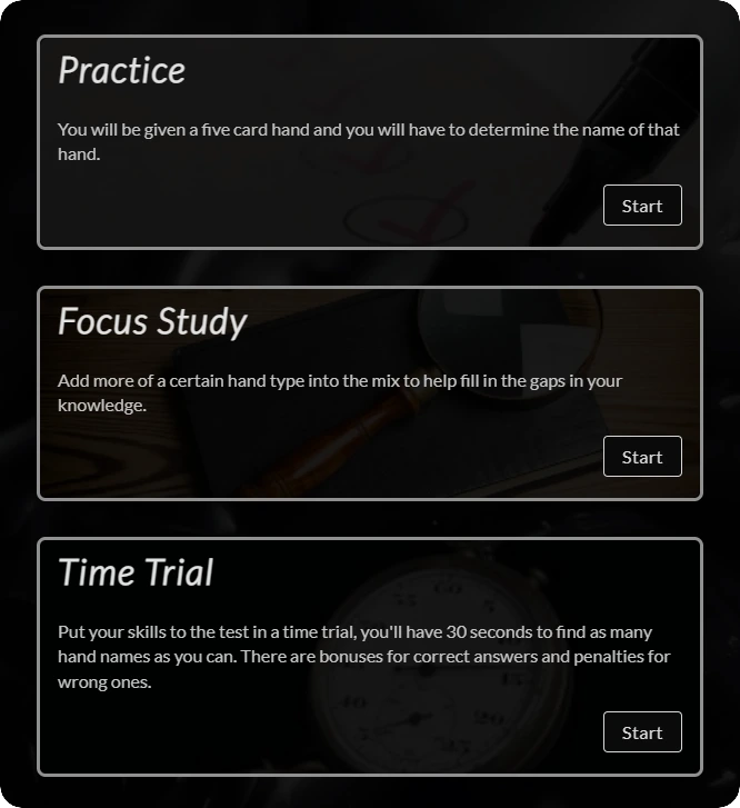 Main screen for all modules, showing practice, focus study and time trial options