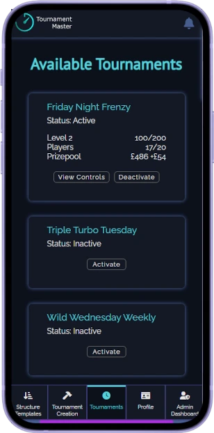The control page for tournaments shown on a mobile phone display
